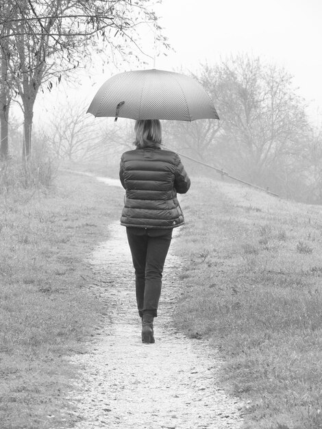 Foto vista traseira de mulher com guarda-chuva caminhando no campo