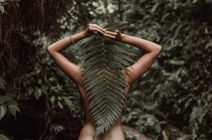 Foto vista traseira de mulher nua segurando folhas na floresta