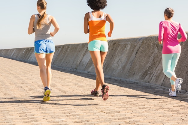 Vista traseira de mulheres desportivas correndo juntos