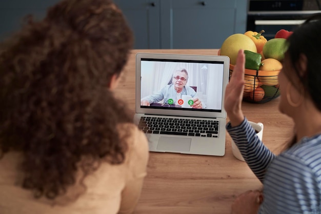 Vista traseira de mulheres durante videoconferência com um velho