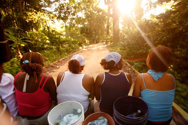 Foto vista traseira de mulheres em meio a árvores na estrada