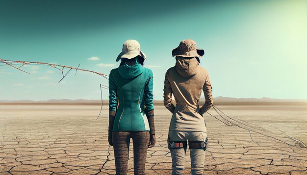 Vista traseira de mulheres em pé em solo seco