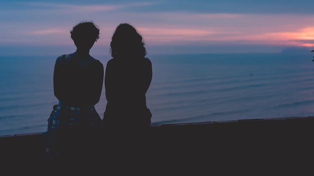 Vista traseira de mulheres na praia ao pôr-do-sol