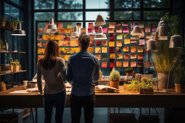 Foto vista traseira de pessoas criativas pensando e reunindo-se para planejamento de cronograma, brainstorming ou estratégia de equipe no escritório