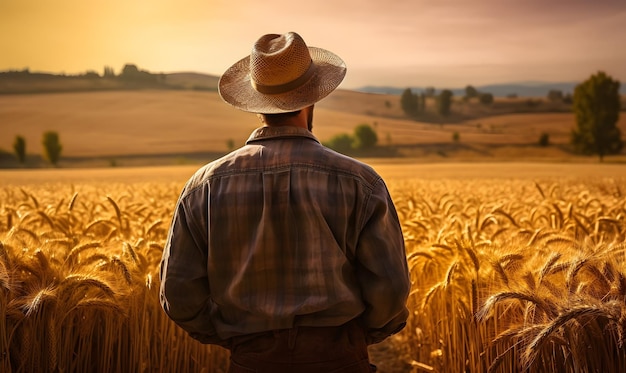 Vista traseira de um agricultor com campos de trigo dourados ao fundo Generative AI
