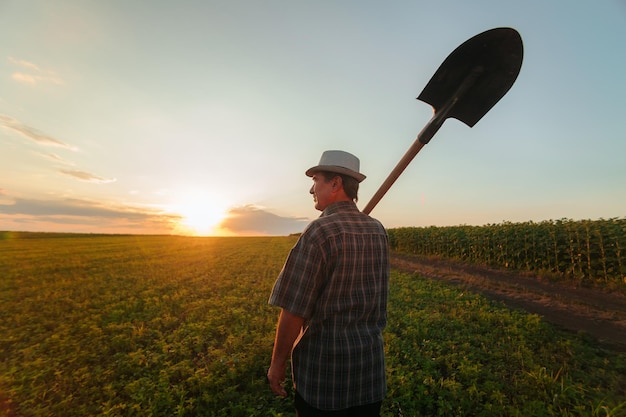 Vista traseira de um agricultor com uma pá andando pelo campo