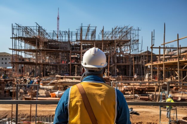 Vista traseira de um arquiteto com um capacete que controla a construção de um prédio alto