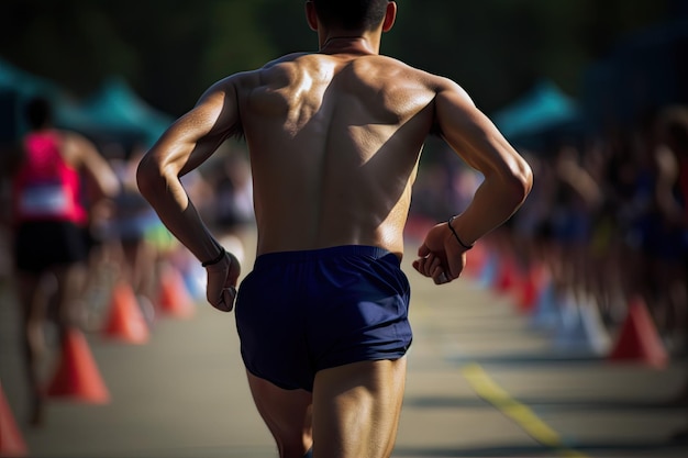 Vista traseira de um atleta masculino correndo na linha de chegada Um corredor correndo em uma corrida competitiva AI Gerado