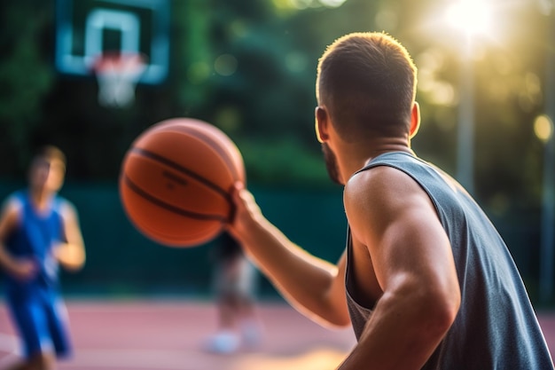 Vista traseira de um atleta masculino habilidoso em uma quadra de basquete capturada em uma imagem cuidadosamente emoldurada exe