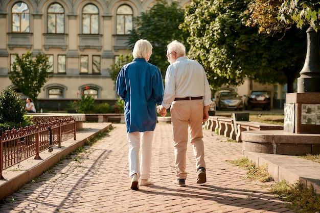 Vista traseira de um casal de idosos de mãos dadas enquanto caminham juntos ao ar livre