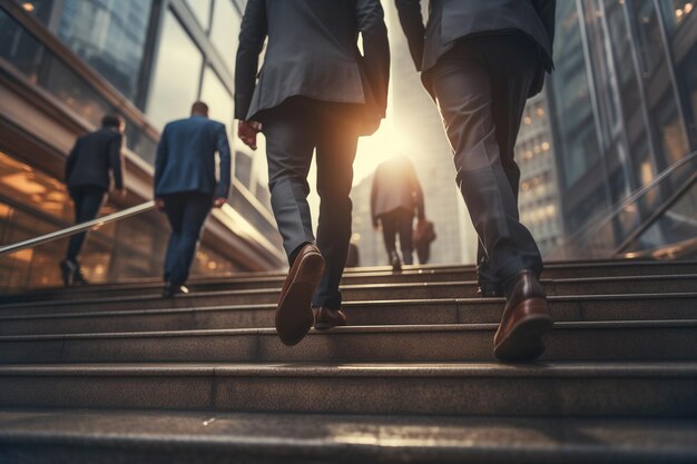 Vista traseira de um empresário subindo escadas no fundo da cidade Conceito de carreira e sucesso