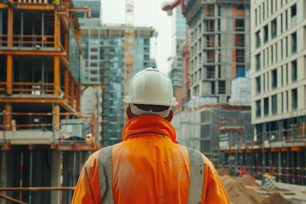 Vista traseira de um engenheiro de construção olhando para o edifício no canteiro de obras