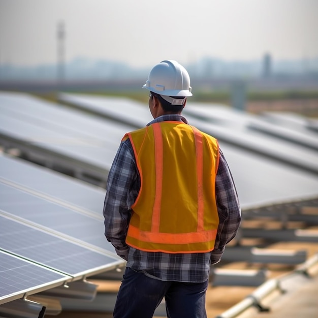 Vista traseira de um engenheiro na fábrica de painéis solares Generative AI