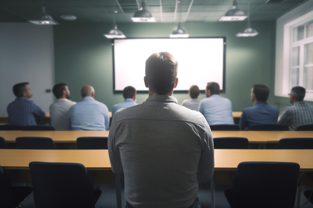 Foto vista traseira de um engenheiro quer fazer a pergunta em um seminário em uma sala de reuniões