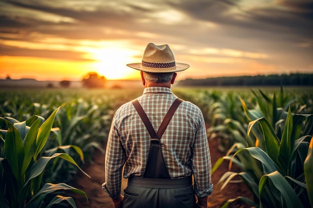 Vista traseira de um fazendeiro sênior de pé em um campo de milho examinando a colheita ao pôr-do-sol