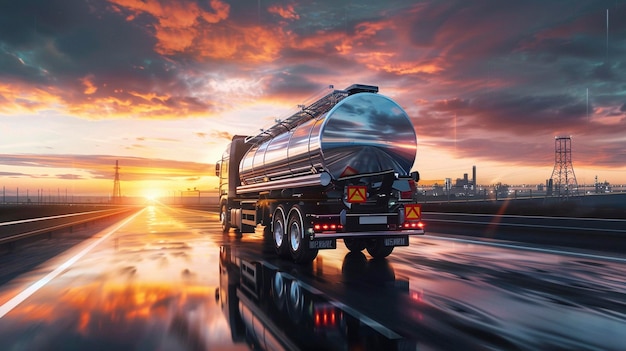 Foto vista traseira de um grande caminhão-tanque de combustível metálico em movimento enviando combustível para a refinaria de petróleo