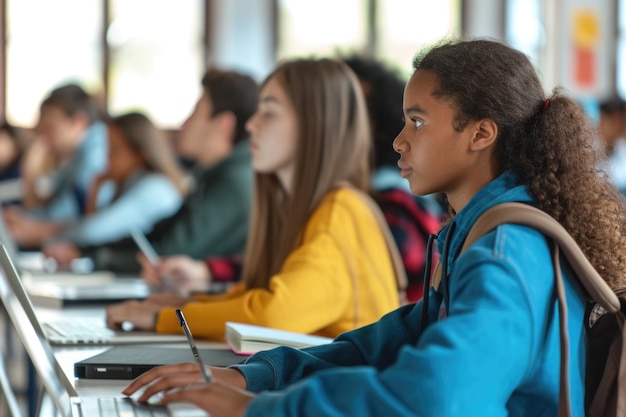 Foto vista traseira de um grupo de estudantes de ensino médio multirraciais na sala de aula usando laptops enquanto professor