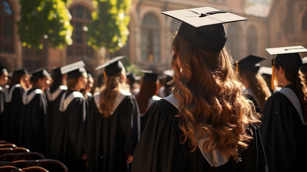 Vista traseira de um grupo de meninas graduadas de pé ao ar livre em um dia ensolarado