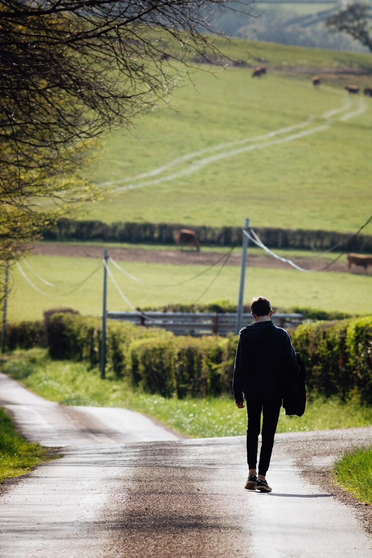 Foto vista traseira de um homem caminhando na estrada no meio de um campo