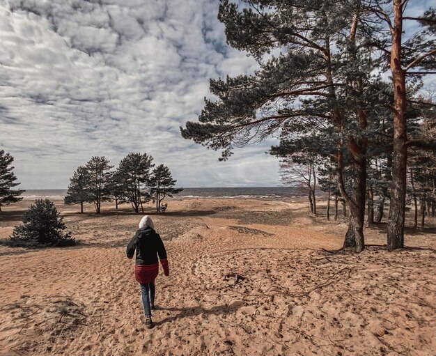 Foto vista traseira de um homem caminhando no campo