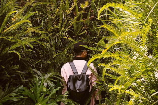 Vista traseira de um homem de pé em meio a plantas