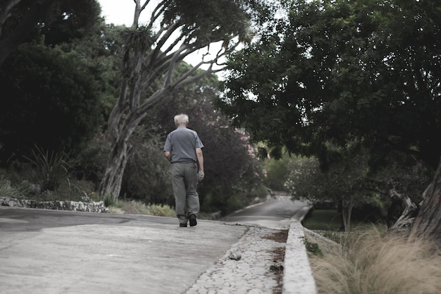 Vista traseira de um homem idoso caminhando na estrada no parque