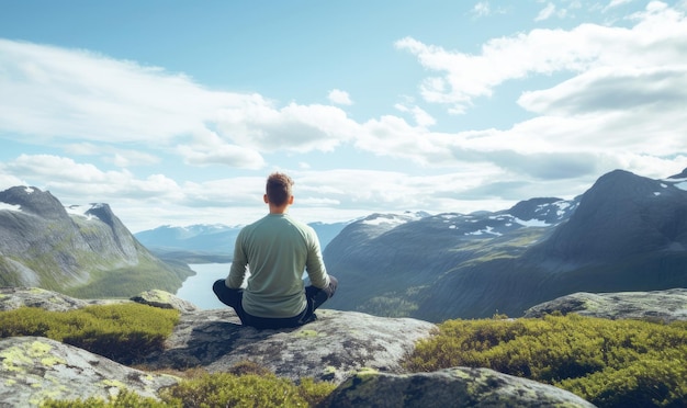 Vista traseira de um homem meditando nas montanhas IA generativa