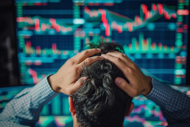 Foto vista traseira de um homem olhando para um monitor de computador com dados do mercado de ações gerados por ia