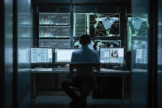 Vista traseira de um homem sentado em frente a monitores de computador em um quarto escuro Uma visão traseira de um especialista em TI trabalhando em uma segurança de dados pessoais gerada por IA