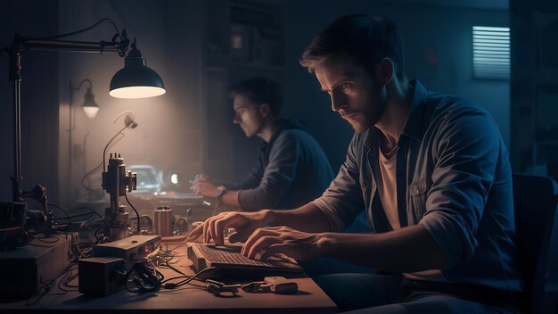 Vista traseira de um homem trabalhando com tecnologia à noite