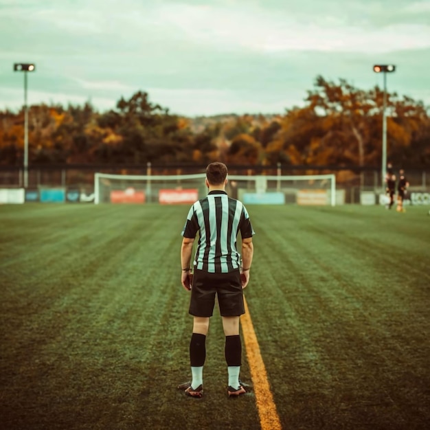 Foto vista traseira de um jogador de futebol de pé na borda do campo de futebal