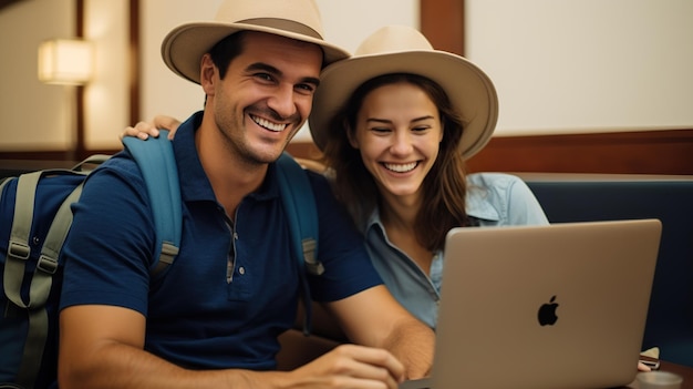 Vista traseira de um jovem casal de chapéus viajando em um iate IA generativa