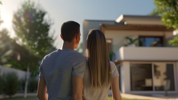 Vista traseira de um jovem casal feliz em frente à nova casa Qualidade da imagem Fotografia de resolução 8K detalhes micro muito realistas hiper realistas hiper detalhados insanos AI Generative