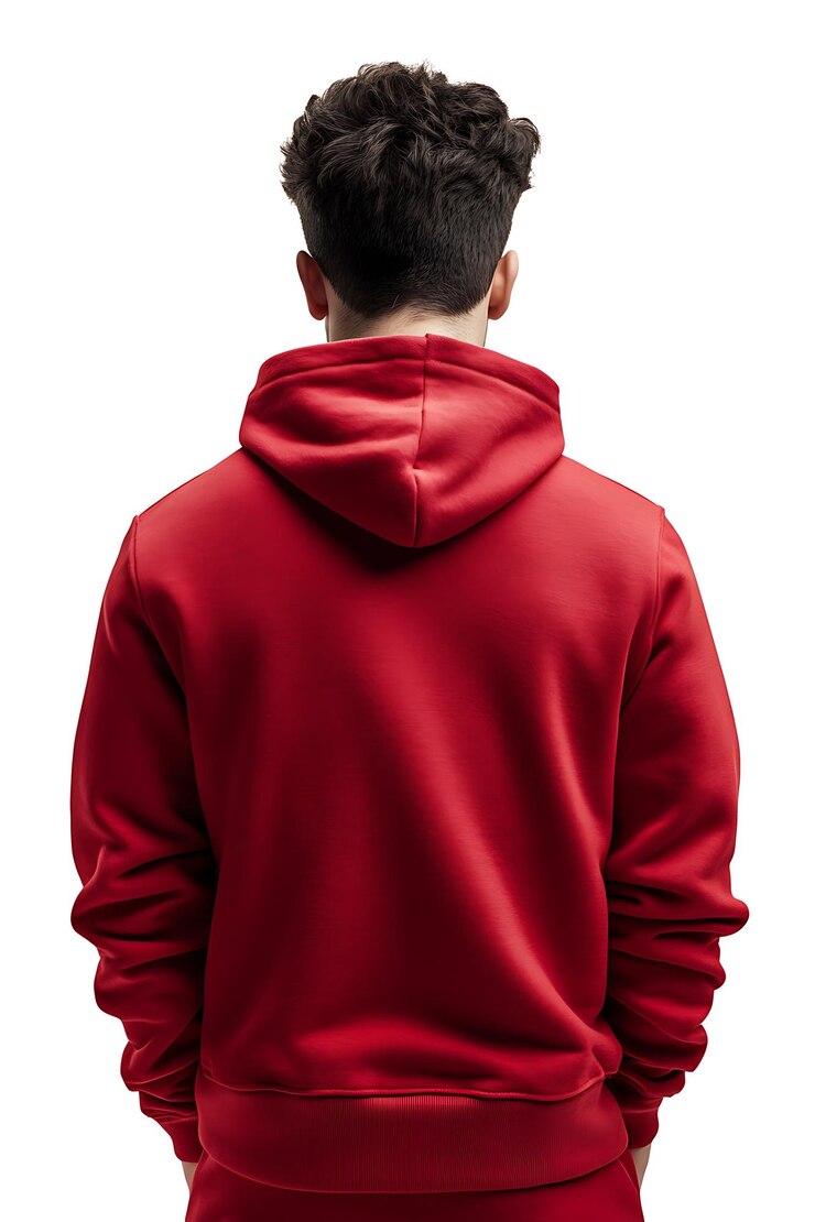 Foto vista traseira de um jovem de capuz vermelho isolado em fundo branco