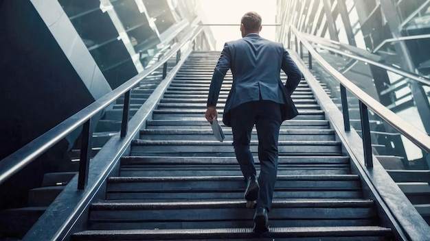 Vista traseira de um jovem empresário subindo as escadas em um prédio de escritórios