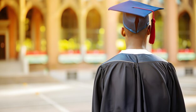 Vista traseira de um jovem graduado da universidade em pé no interior e vestindo vestido de formatura e boné