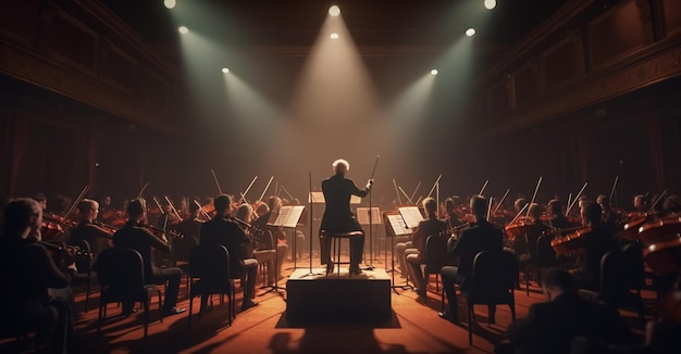 Foto vista traseira de um maestro durante um concerto generative ai