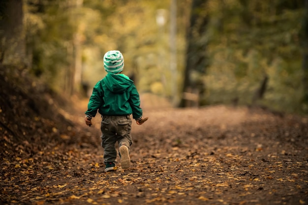 Foto vista traseira de um menino caminhando na floresta durante o inverno