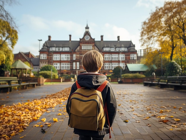 Vista traseira de um menino com mochila em frente ao prédio da universidade no outono Generative AI