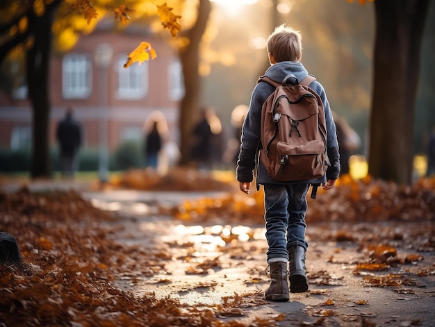 Vista traseira de um menino com uma mochila andando no parque de outono Generative AI