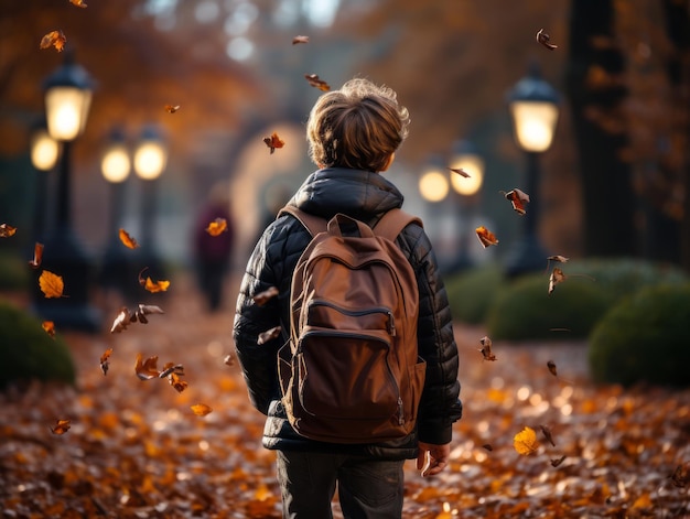 Vista traseira de um menino com uma mochila andando no parque de outono Generative AI