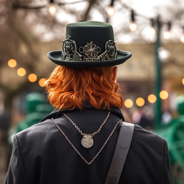 Vista traseira de um menino de cabelo vermelho em chapéu com decorações conceito de St Patrick's Day