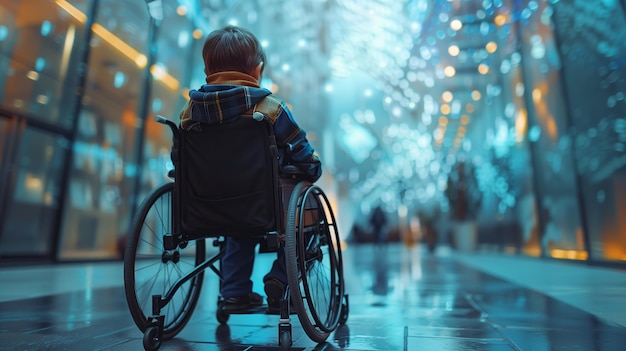 Vista traseira de um menino sentado em cadeira de rodas ao ar livre com conceito de espaço de cópia de deficiência