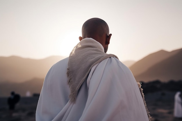 Vista traseira de um peregrino muçulmano vestindo roupas Hajj no deserto árabe de Arafah