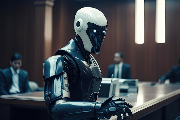Vista traseira de um robô masculino sentado em uma mesa em uma sala de conferências Um juiz robô de IA futurista em um tribunal AI Gerado