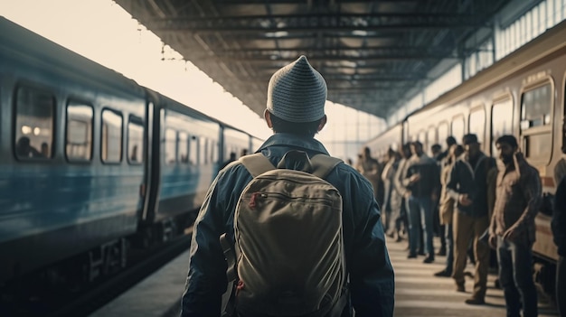 Vista traseira de um ser humano com mochila na estação de trem Generative Ai