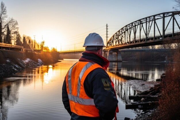 Vista traseira de um trabalhador de capacete que controla a confiabilidade de uma ponte ferroviária através do rio