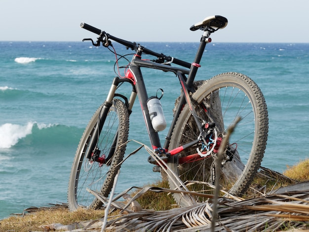 Foto vista traseira de uma bicicleta de montanha no oceano