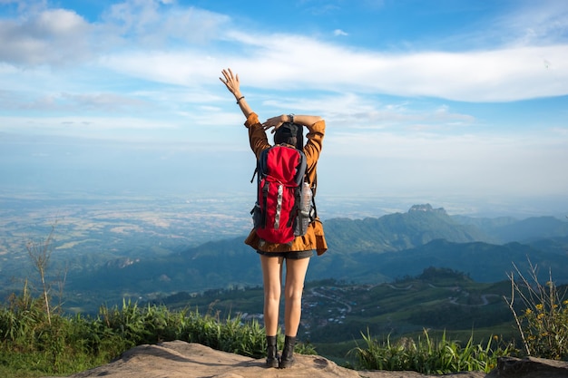 Vista traseira de uma caminhante feminina de pé na montanha contra o céu
