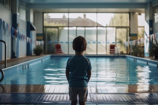 Vista traseira de uma criança irreconhecível em pé na piscina contra o fundo da água Conceito de hidrofobia de menino com medo IA generativa